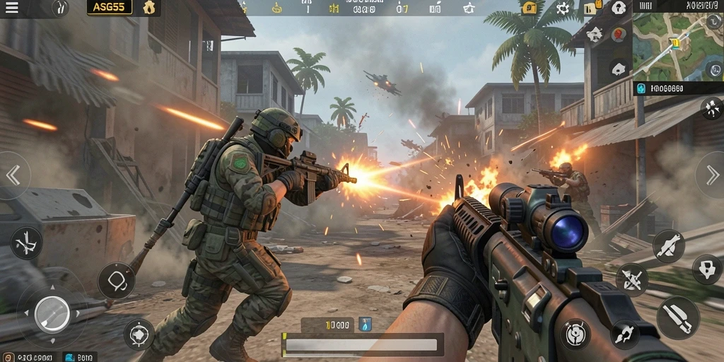 Screenshot gameplay ASG55 yang menampilkan aksi pertempuran TPS.