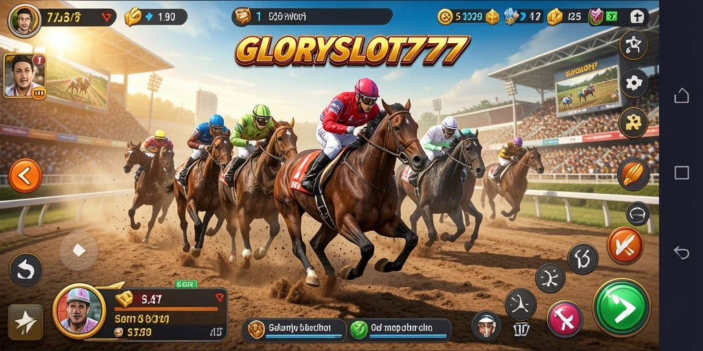 Gameplay menegangkan dari GLORYSLOT777 saat balapan di lintasan.