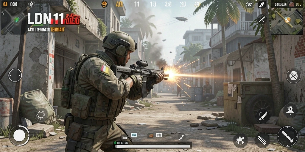 Screenshot gameplay LDN11 menampilkan aksi tembak menembak yang seru dan intens.