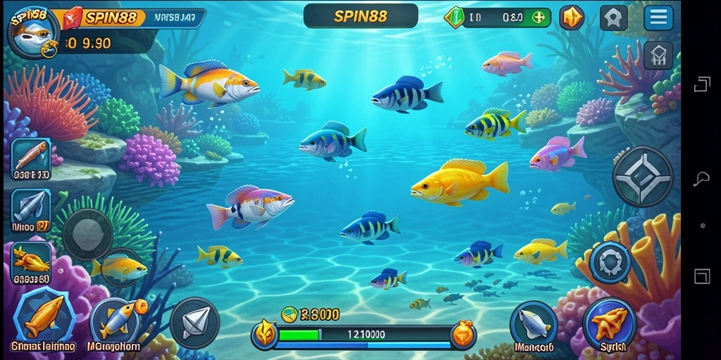 Screenshot gameplay SPIN88 menampilkan aksi seru menangkap ikan.