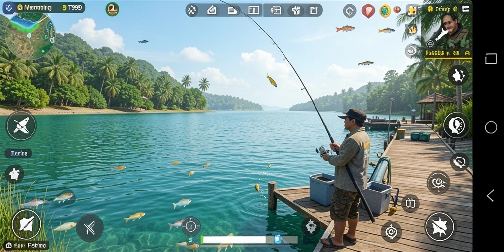 Screenshot gameplay T9999 yang menampilkan aksi memancing yang seru.